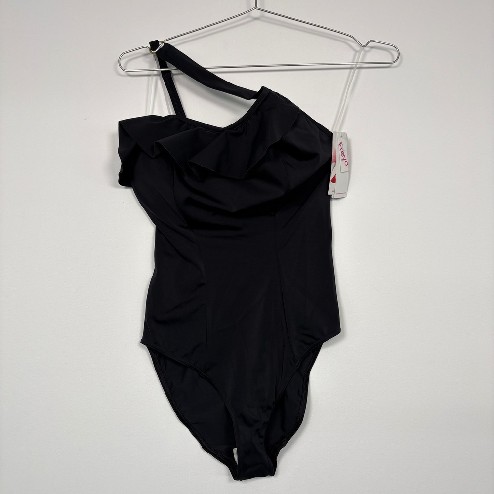NWT Freya Women Remix One Shoulder One Piece Swimsuit 32G Black Ruffle AS3949BLK